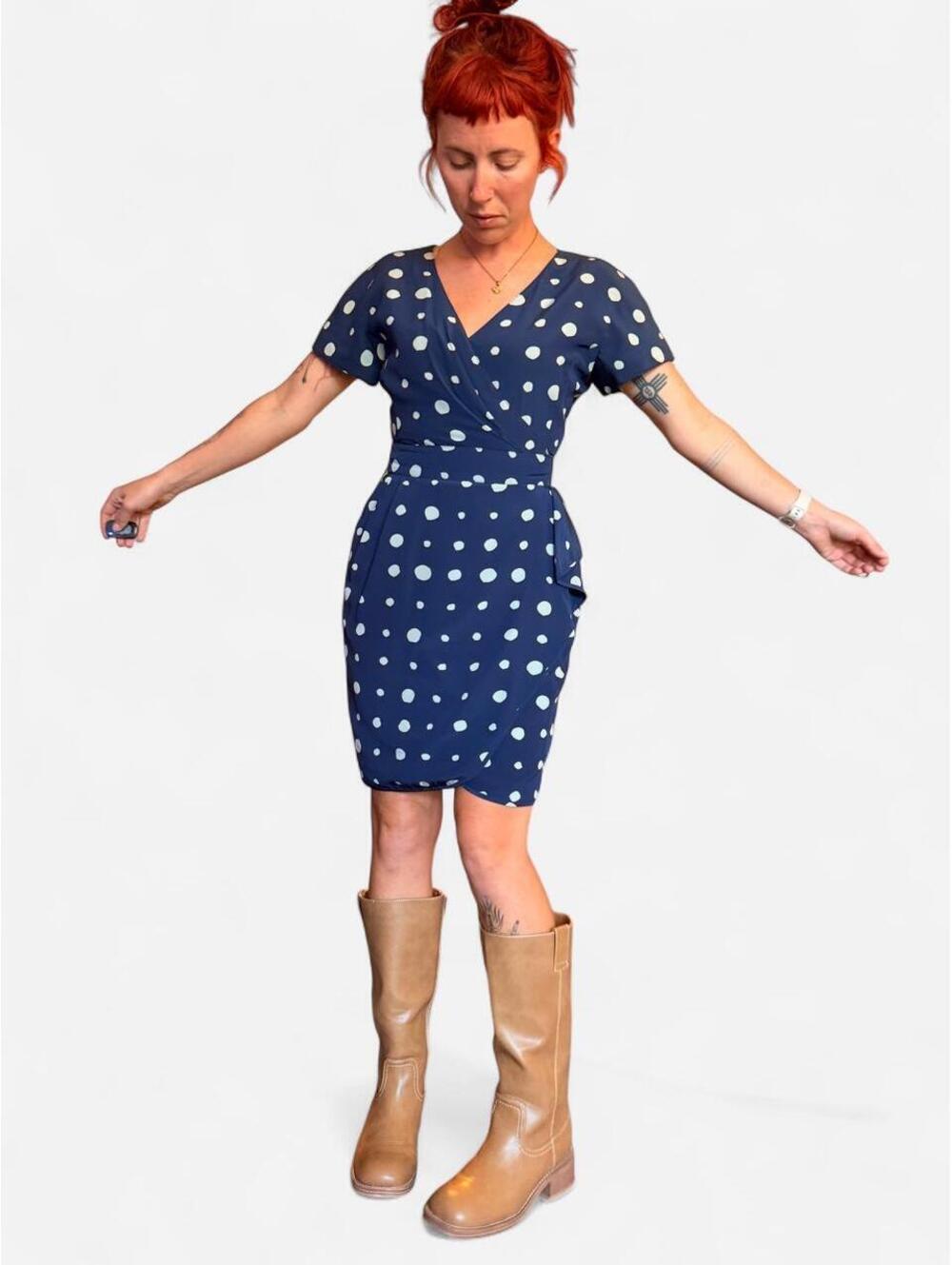 1960s Ungaro Paris Navy Blue with White Polka Dot Wrap Dress with pockets